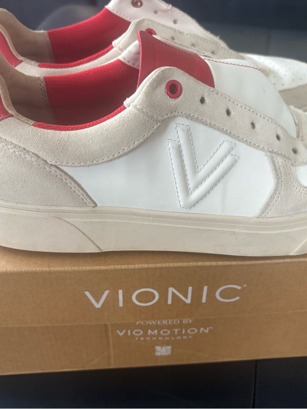 Vionic White and Red Low-Top Suede-Trim Sneakers